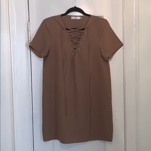 Mini Tan T-Shirt Dress with Lace Up Detail